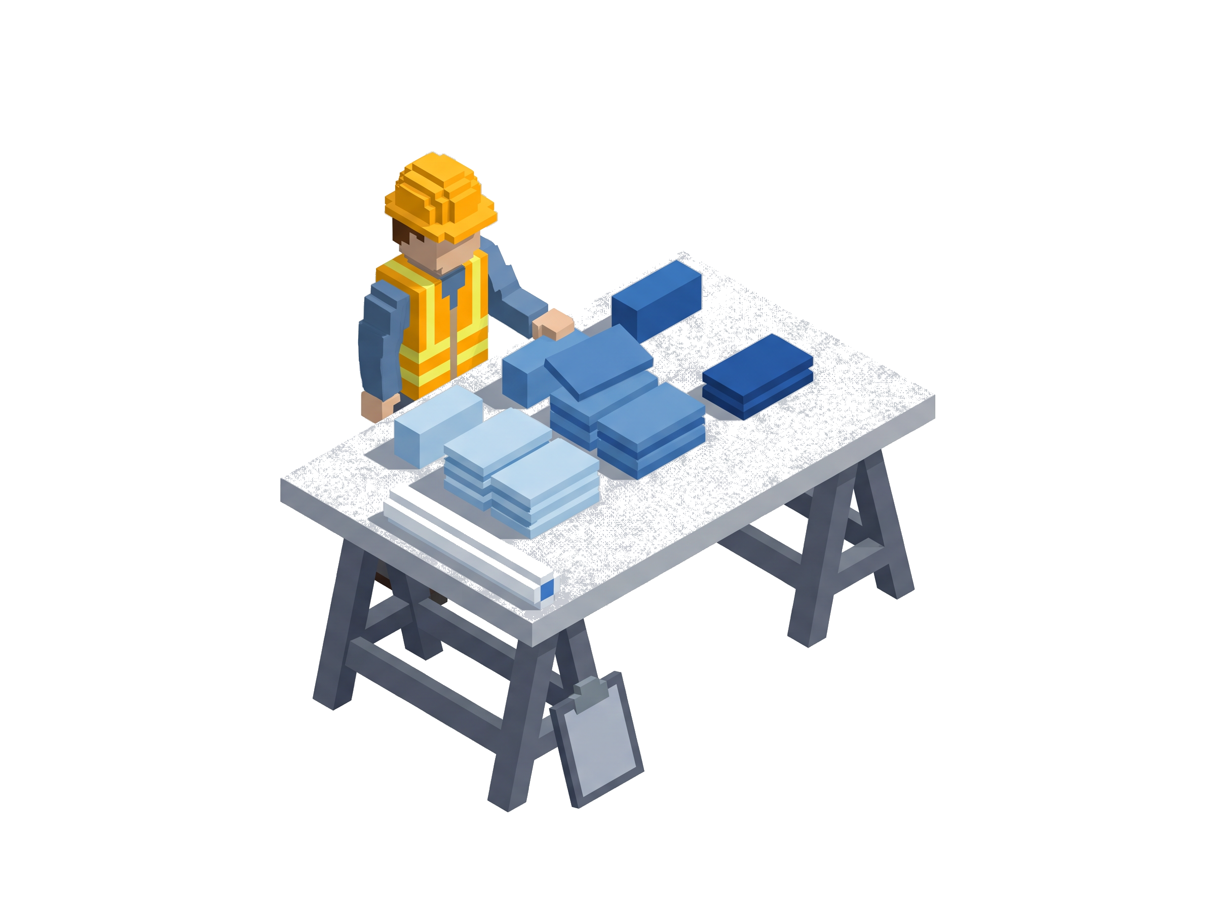 Voxel foreman sorting stacks of blue-tone lead cards — inbound leads arriving from paid campaigns and landing in the pipeline.