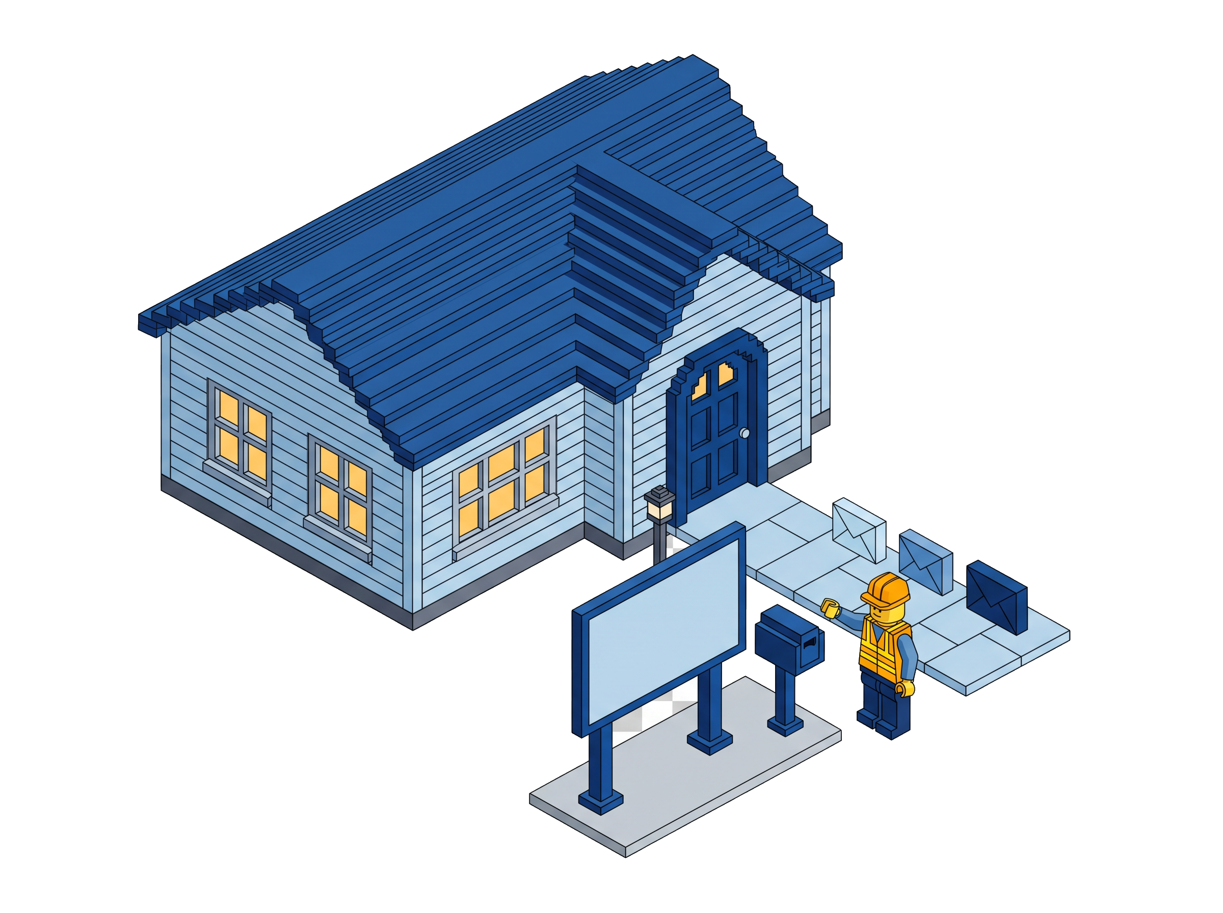 Voxel scene of a jobsite sign board and an oversized laptop, with three blue lead cards flowing from sign to laptop — the marketing site captures leads that flow into the platform.