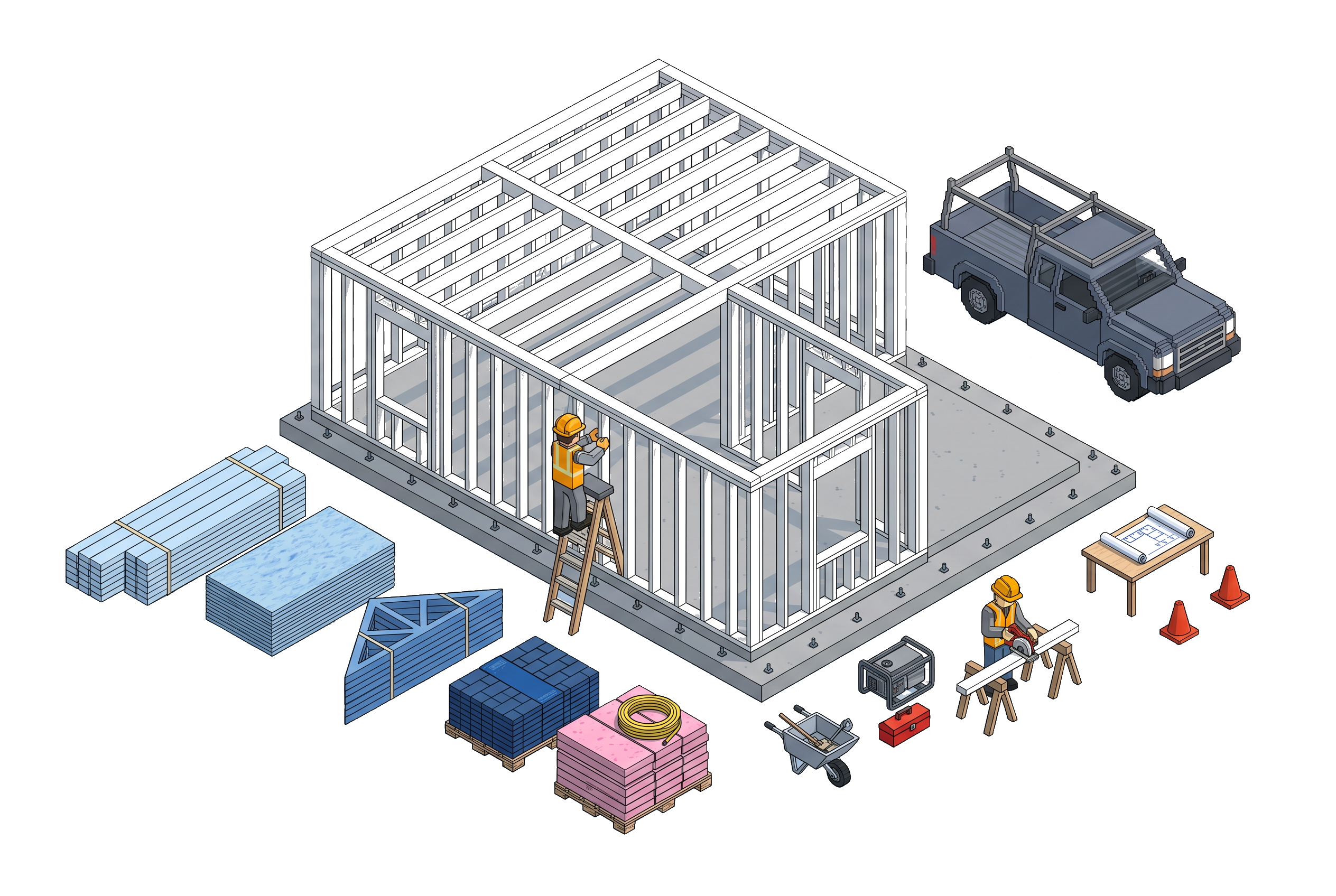 Isometric voxel illustration of a residential home in active framing, with five stacks of construction materials in five tones of Yglu brand blue laid out beside the foundation — the five Blocks made literal.