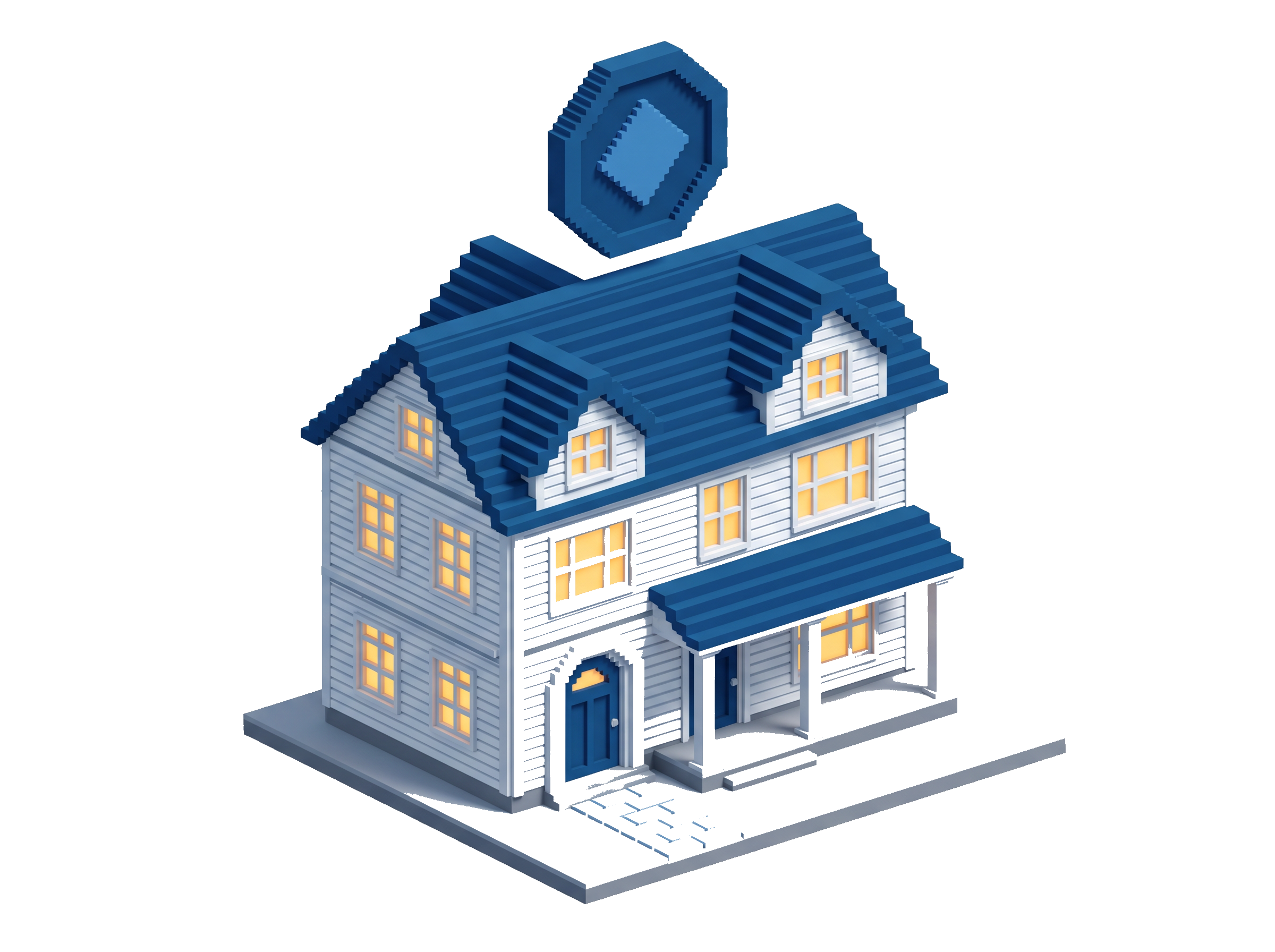 Voxel scene of an immaculate two-story custom home with warm-lit windows and a hexagonal Standard emblem floating above the roof — the standard homeowners come to look for.