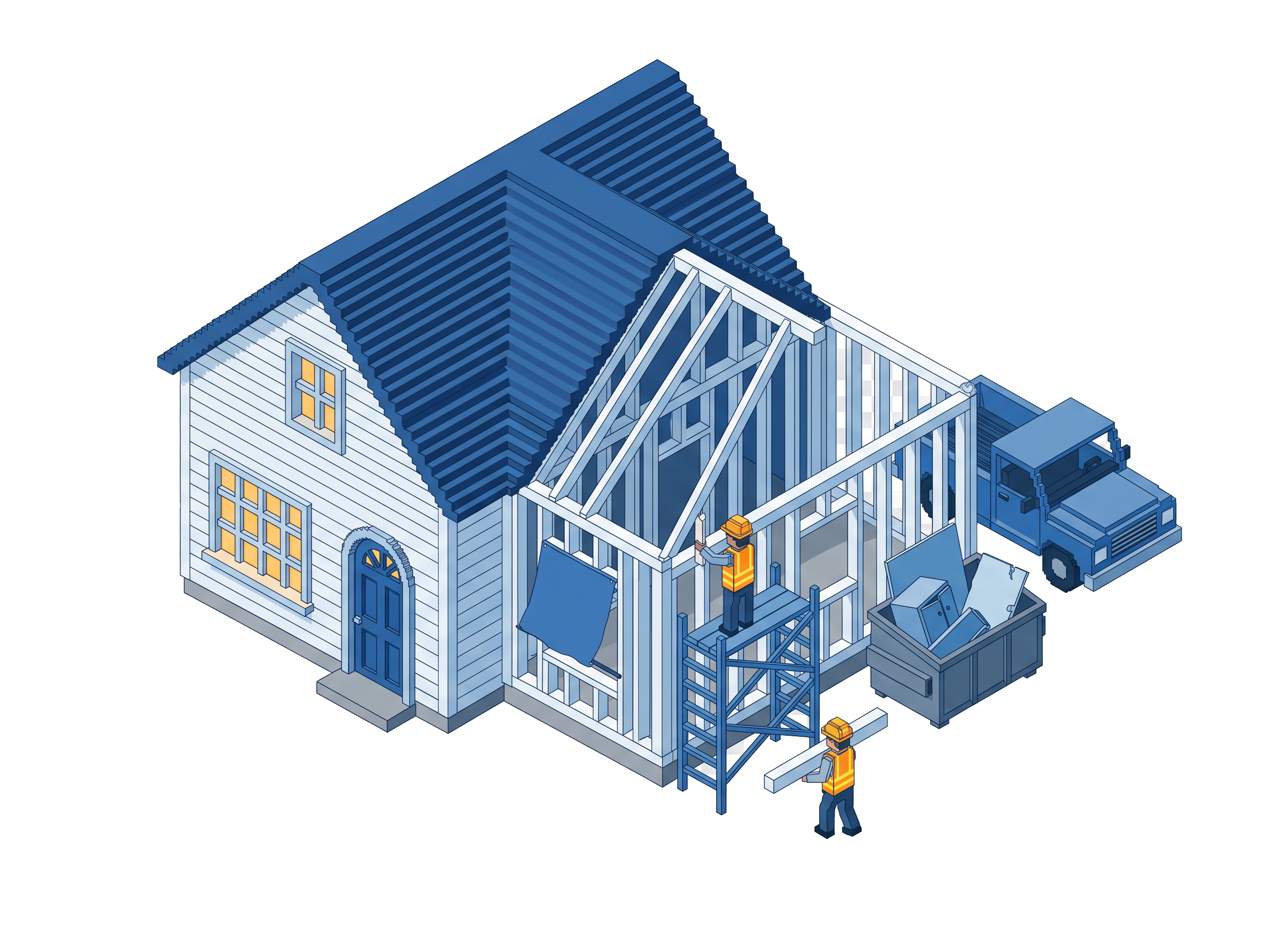 Voxel existing home mid-remodel: the left half finished with warm-lit windows and a deep-blue roof, the right half stripped to snow-white studs with scaffolding, a small dumpster of debris beside it — add and renovate onto what already exists.